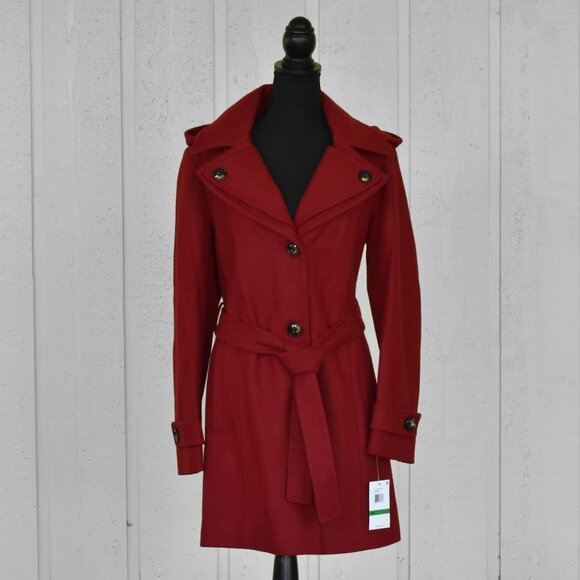 London Fog Women's Double Lapel Thigh Length Button Front Wool Coat w/Belt Red - Picture 1 of 13